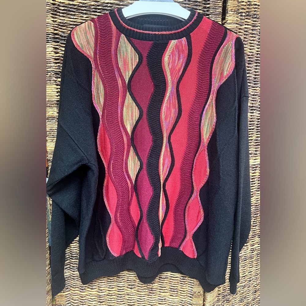 Protege-Mens Coogi style-Black‎ Sweater with Red and Pink Wave Panel-XXL,Vintage
